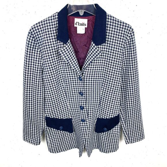Vintage d'knits Womens Gingham Blazer 3 Button Navy White Notch Collar Medium - Picture 1 of 12